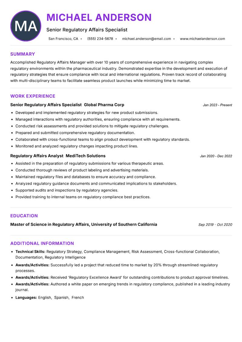Regulatory Affairs Manager resume example