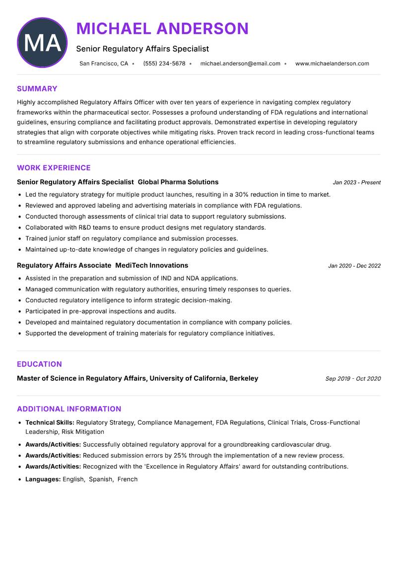 Regulatory Affairs Officer resume example