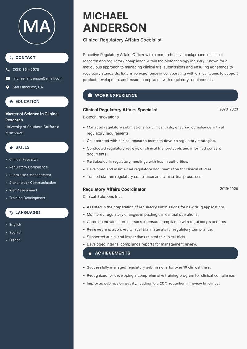 Regulatory Affairs Officer resume sample — Clinical Regulatory Affairs Specialist focus