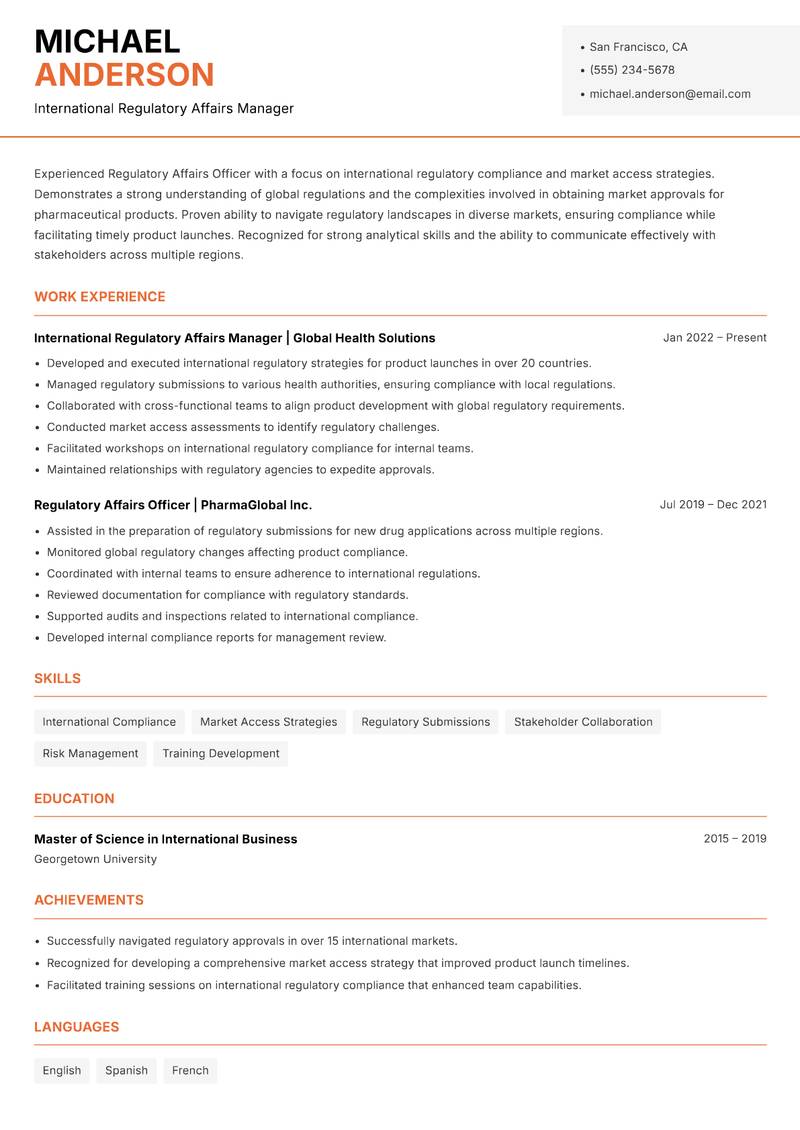 Regulatory Affairs Officer resume sample — International Regulatory Affairs Manager focus