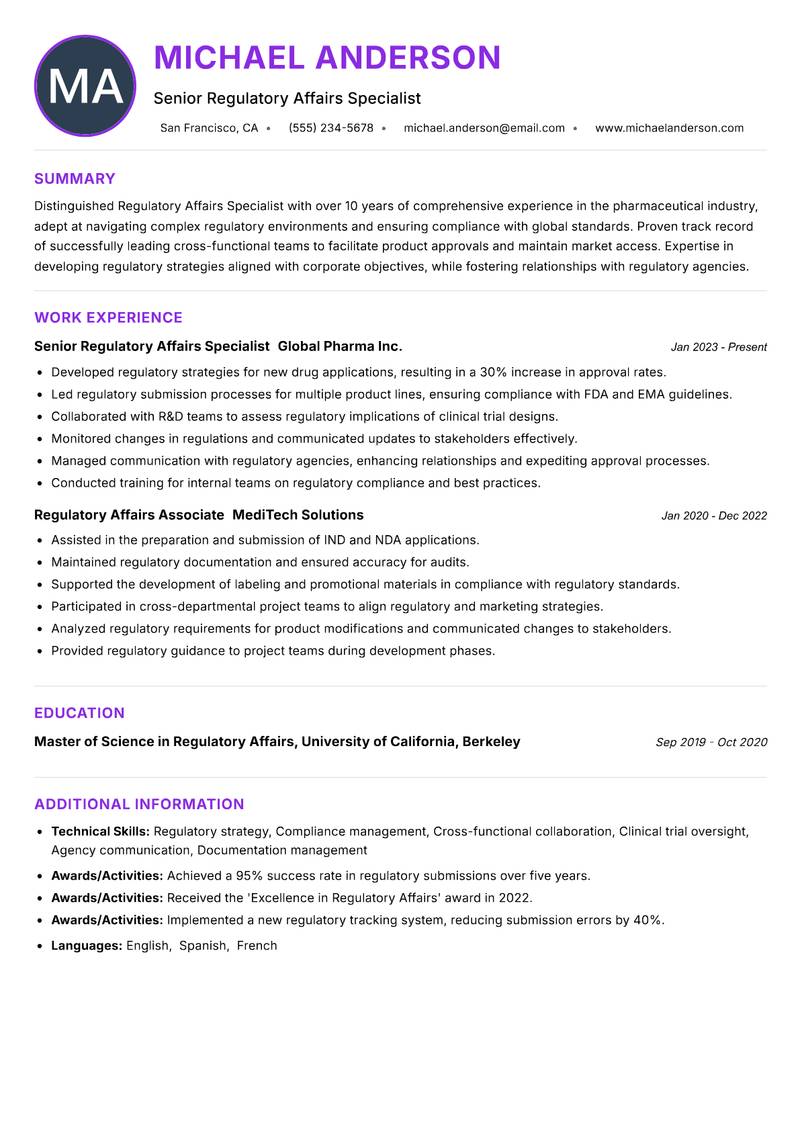 Regulatory Affairs Specialist resume example