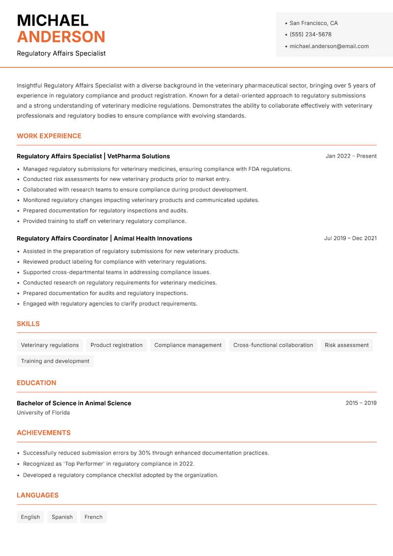 Regulatory Affairs Specialist resume sample — Regulatory Affairs Specialist focus