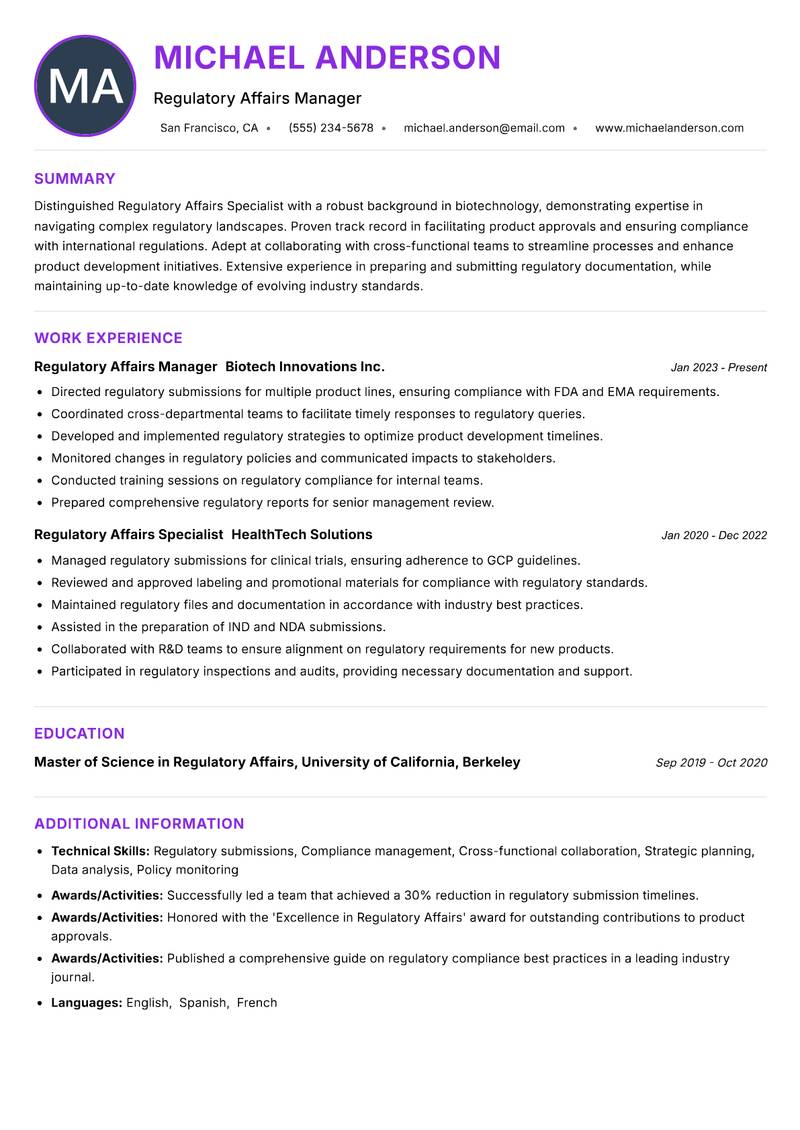 Regulatory Affairs Specialist Biotechnology resume example