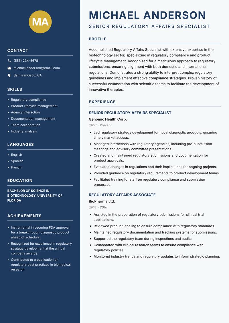 Regulatory Affairs Specialist Biotechnology resume sample — Senior Regulatory Affairs Specialist focus