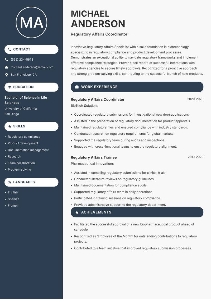 Regulatory Affairs Specialist Biotechnology resume sample — Regulatory Affairs Coordinator focus