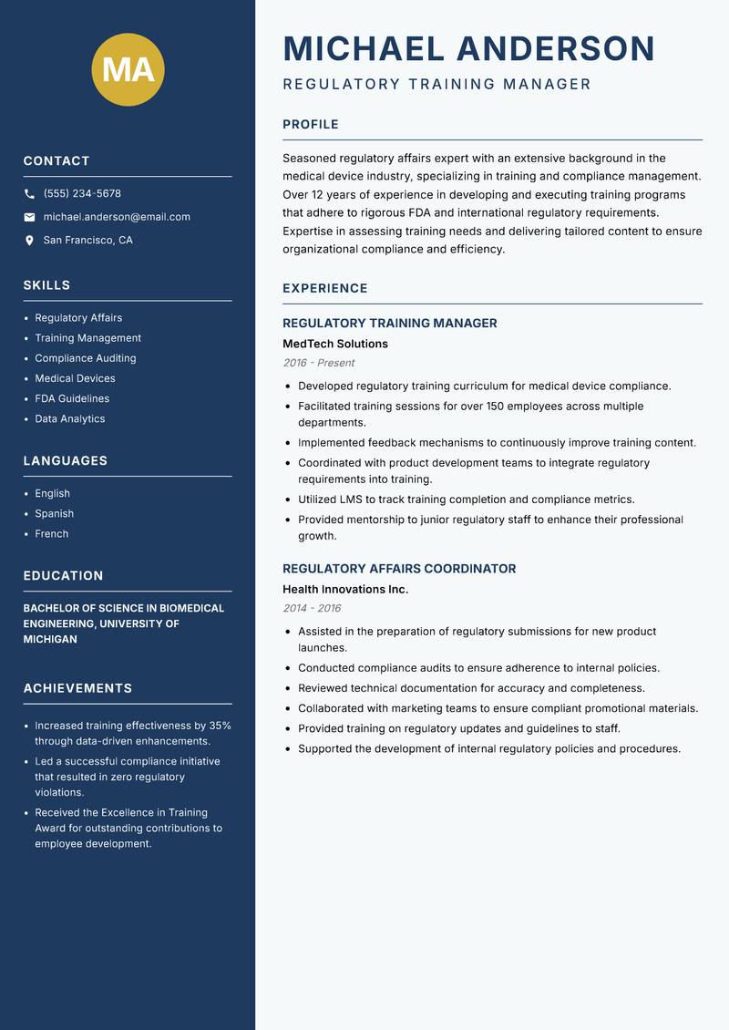 Regulatory Affairs Trainer resume sample — Regulatory Training Manager focus