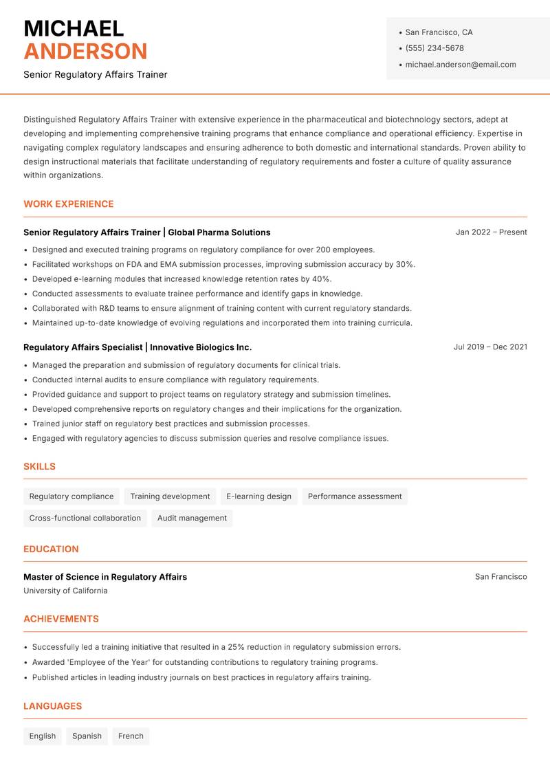 Regulatory Affairs Trainer resume sample — Senior Regulatory Affairs Trainer focus
