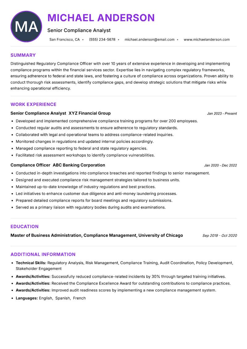 Regulatory Compliance Officer resume example