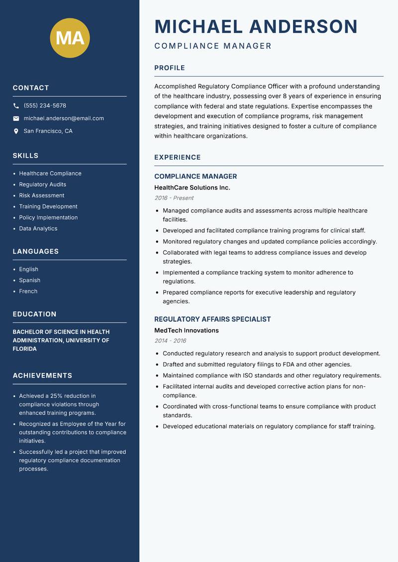 Regulatory Compliance Officer resume sample — Compliance Manager focus