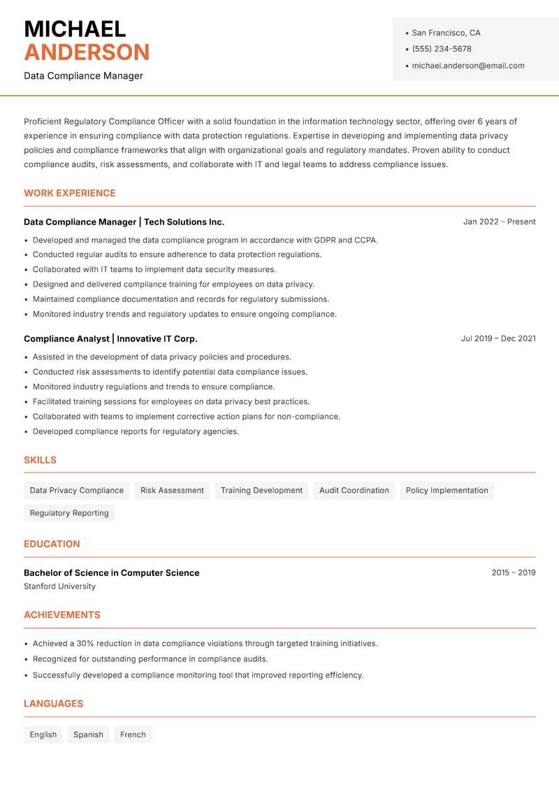 Regulatory Compliance Officer resume sample — Data Compliance Manager focus