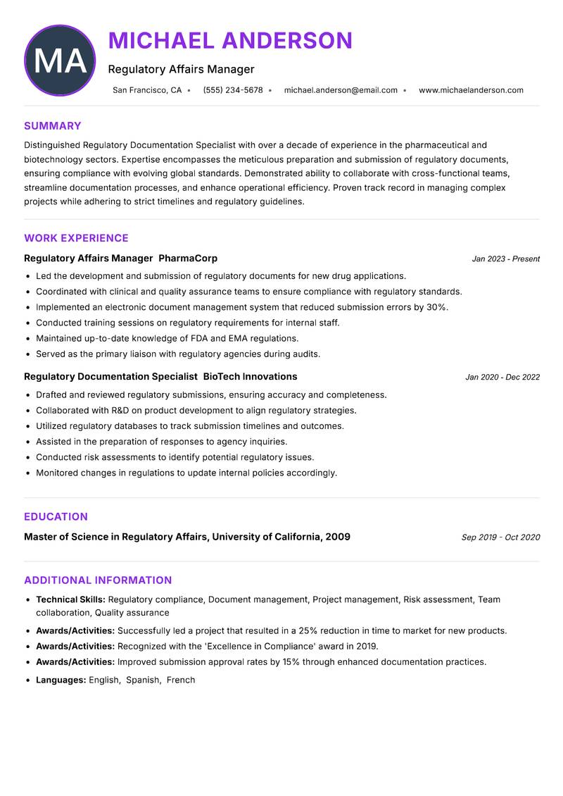 Regulatory Documentation Specialist resume example