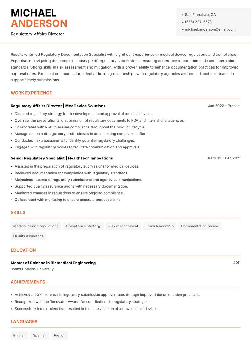 Regulatory Documentation Specialist resume sample — Regulatory Affairs Director focus