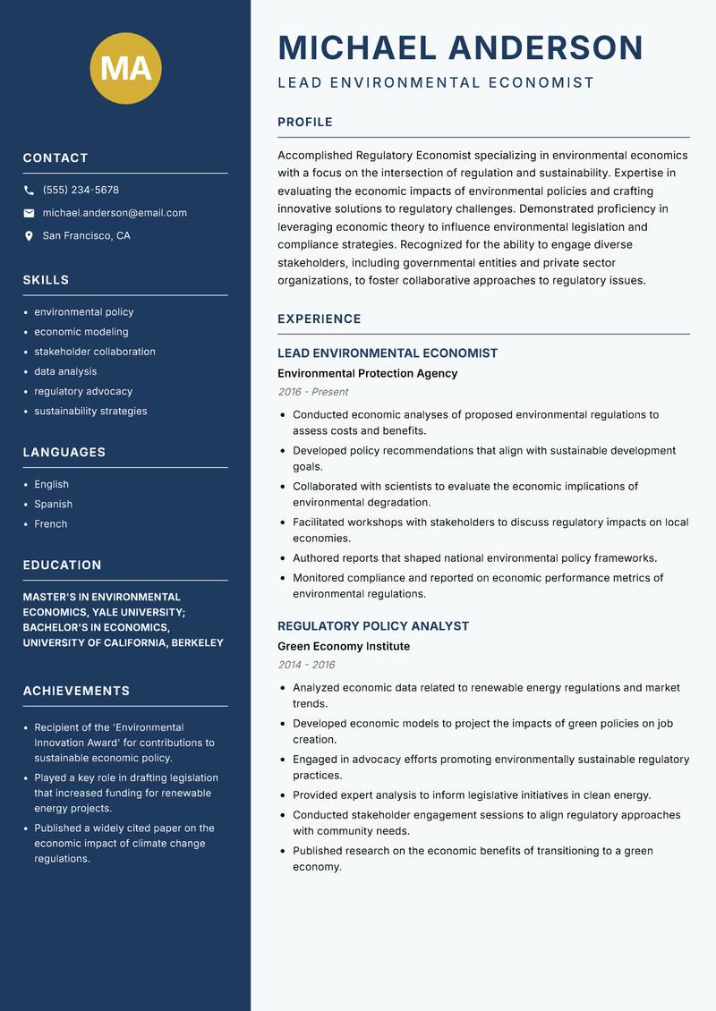 Regulatory Economist resume sample — Lead Environmental Economist focus