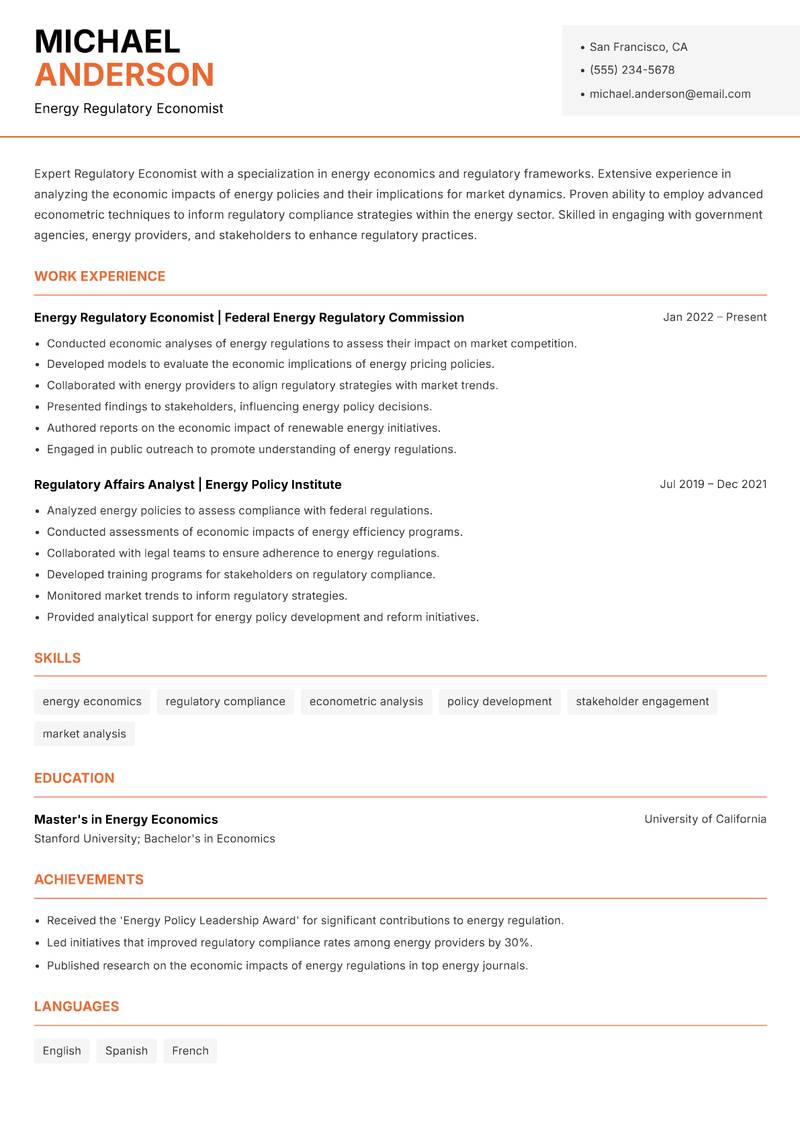Regulatory Economist resume sample — Energy Regulatory Economist focus