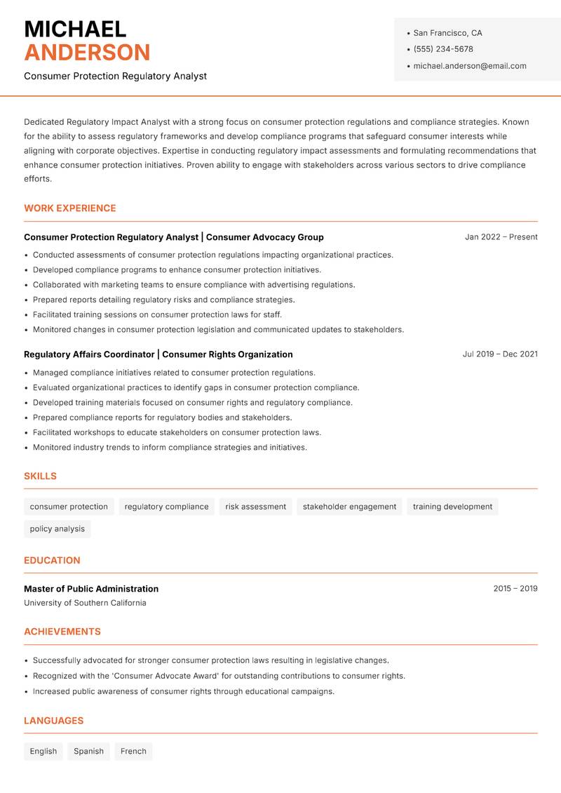 Regulatory Impact Analyst resume sample — Consumer Protection Regulatory Analyst focus