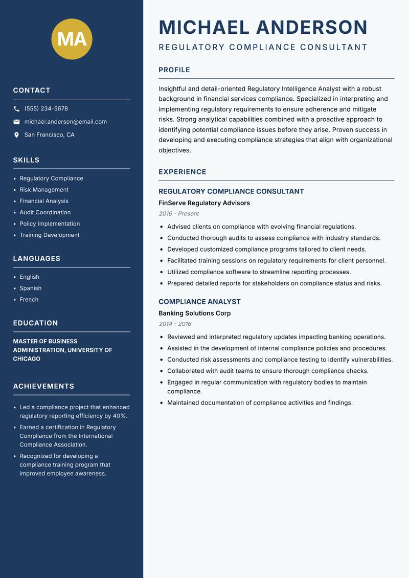 Regulatory Intelligence Analyst resume sample — Regulatory Compliance Consultant focus