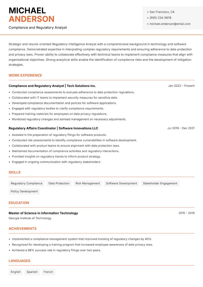 Regulatory Intelligence Analyst resume sample — Compliance and Regulatory Analyst focus