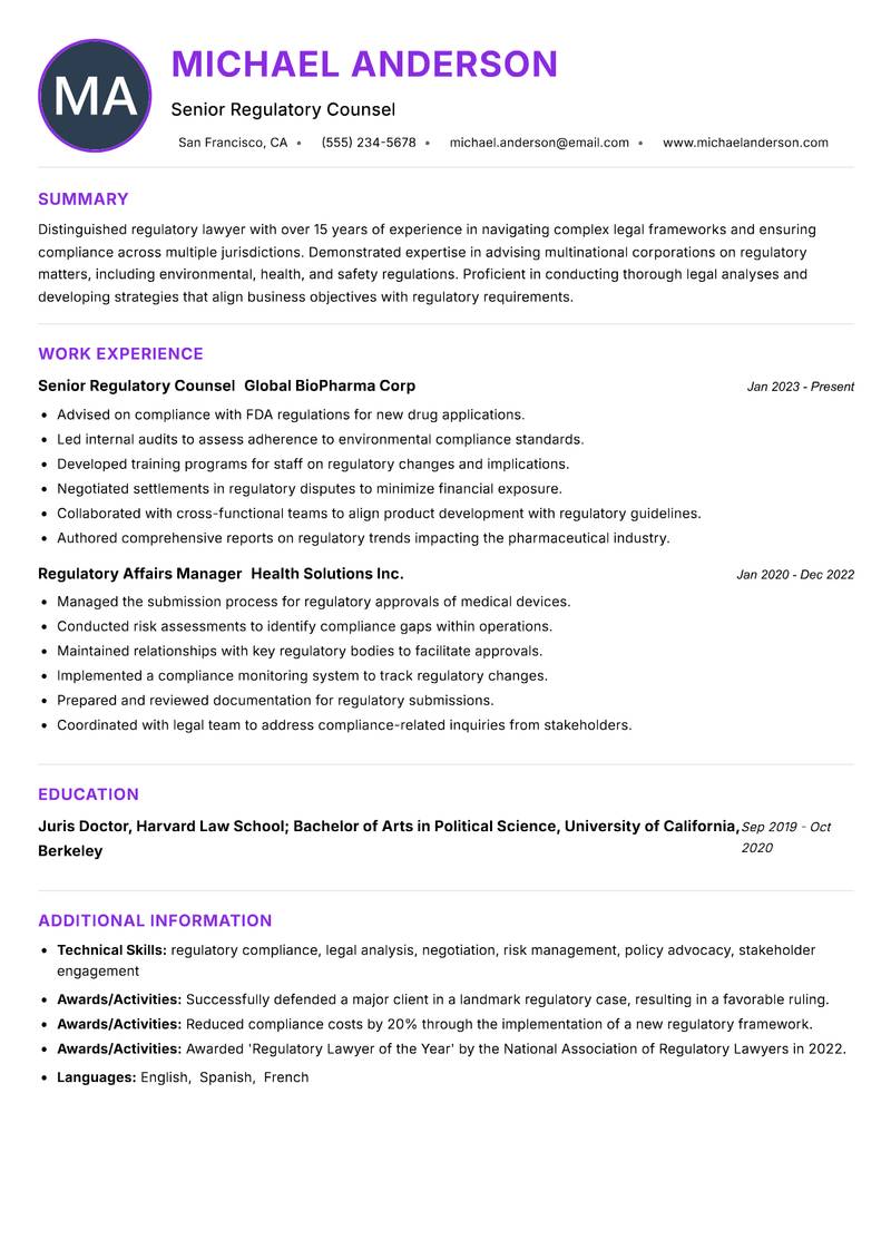 Regulatory Lawyer resume example