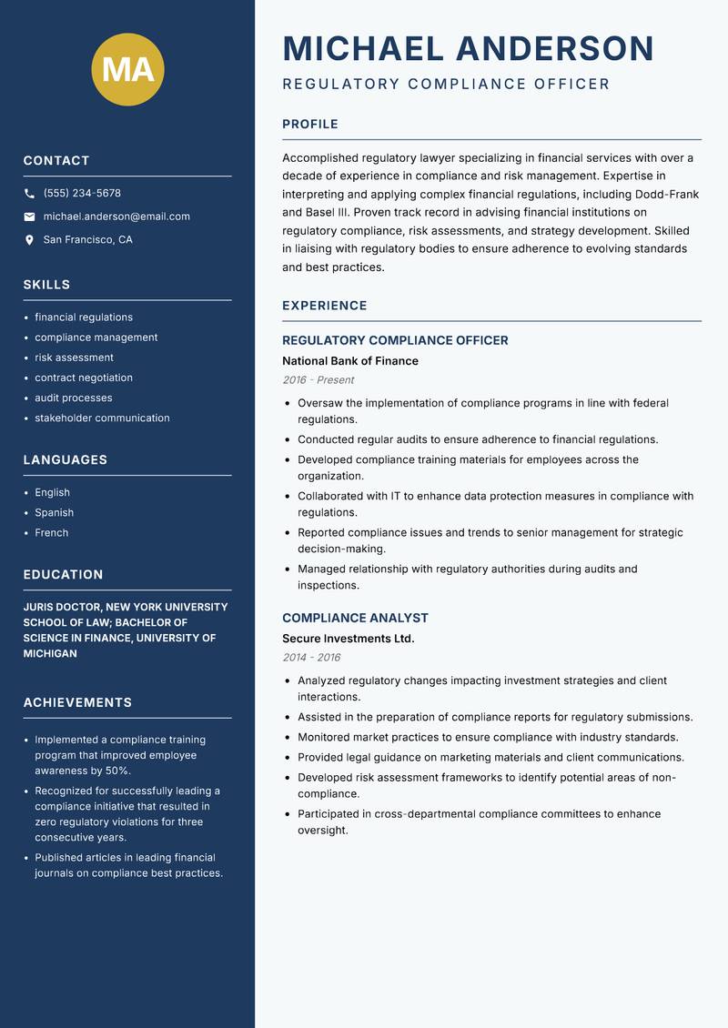 Regulatory Lawyer resume sample — Regulatory Compliance Officer focus