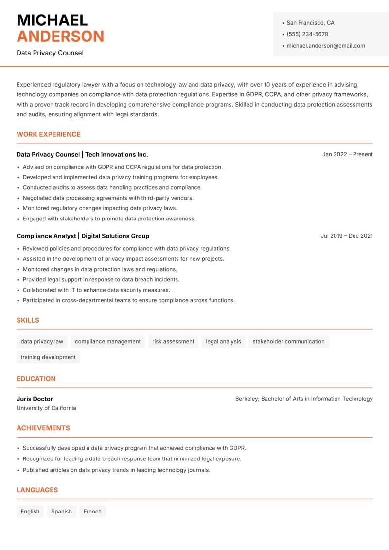 Regulatory Lawyer resume sample — Data Privacy Counsel focus