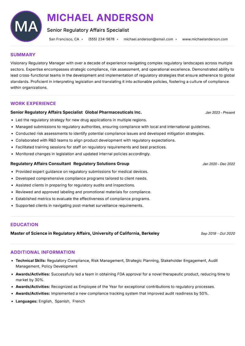 Regulatory Manager resume example