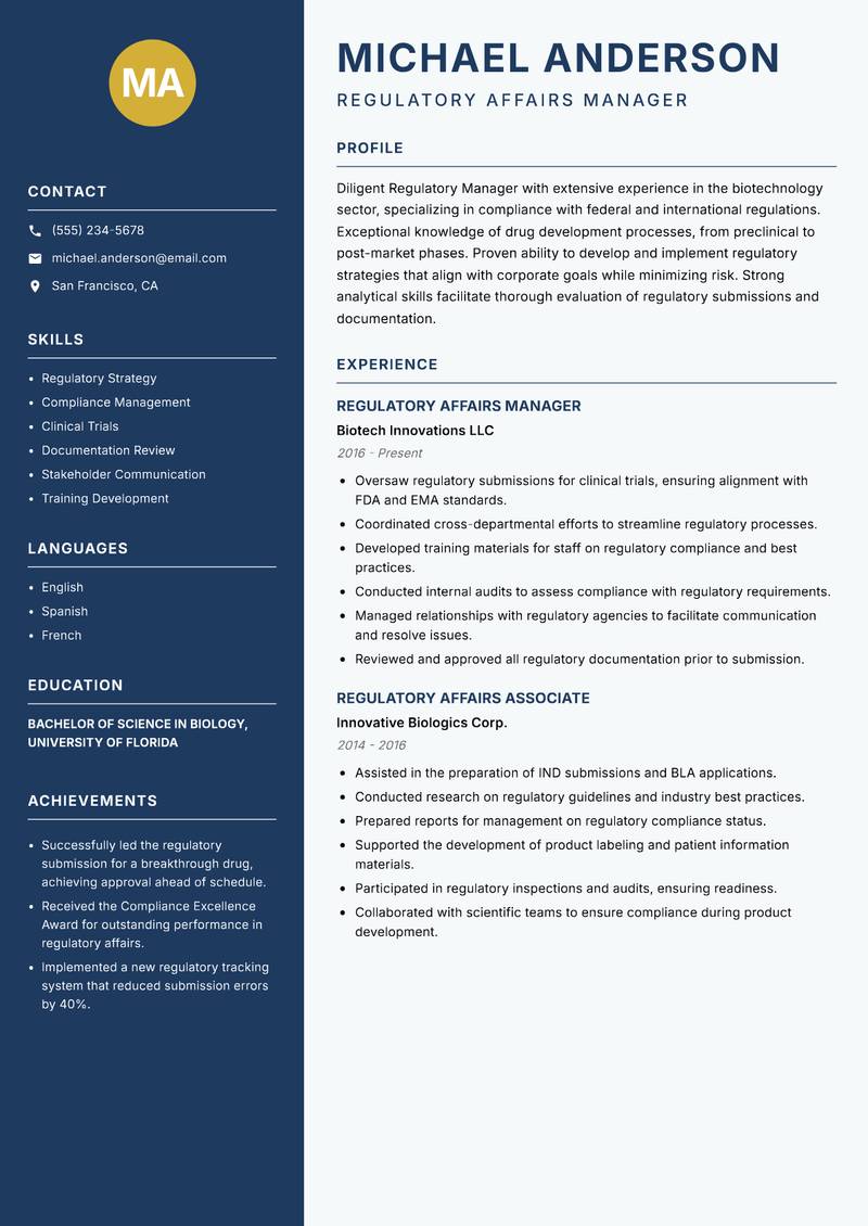 Regulatory Manager resume sample — Regulatory Affairs Manager focus