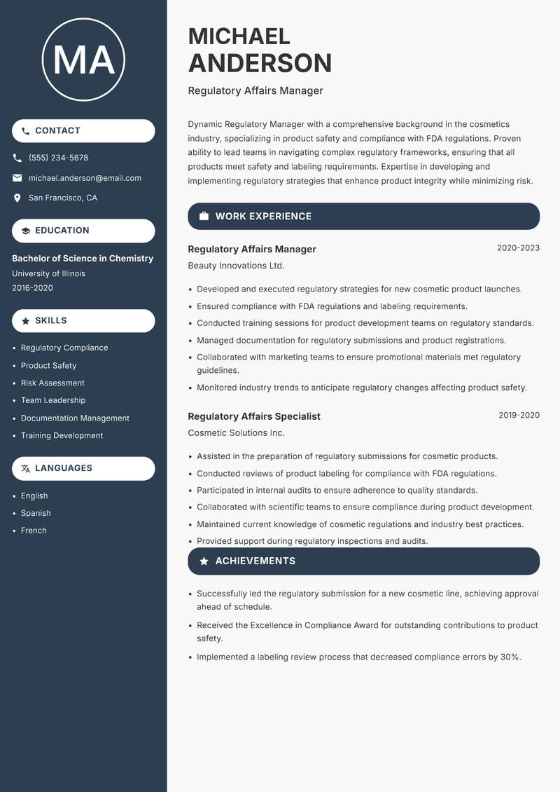 Regulatory Manager resume sample — Regulatory Affairs Manager focus