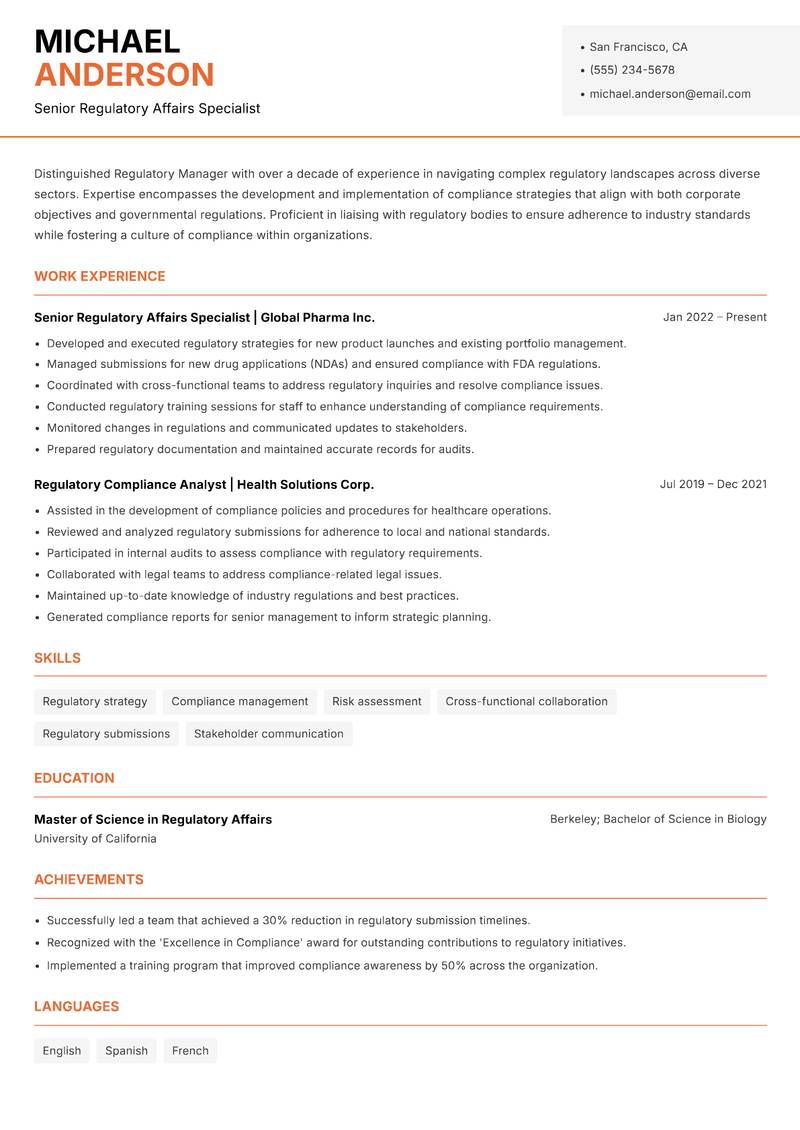 Regulatory Manager resume sample — Senior Regulatory Affairs Specialist focus