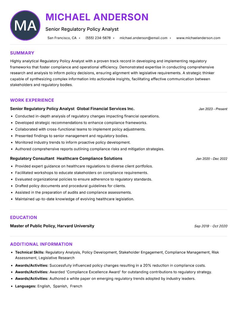 Regulatory Policy Analyst resume example