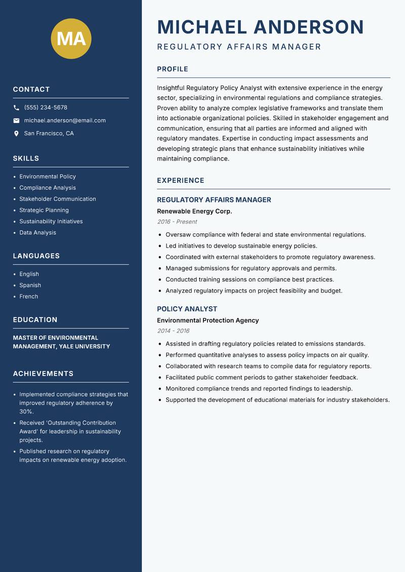 Regulatory Policy Analyst resume sample — Regulatory Affairs Manager focus