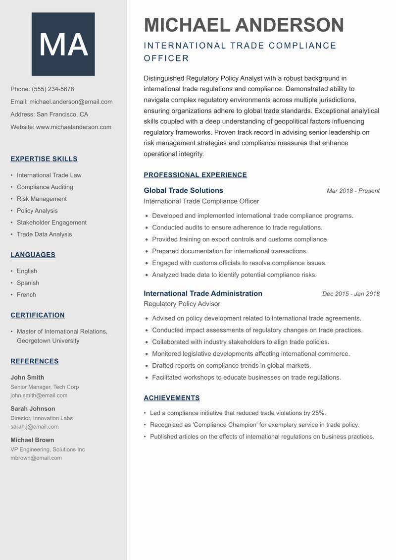 Regulatory Policy Analyst resume sample — International Trade Compliance Officer focus