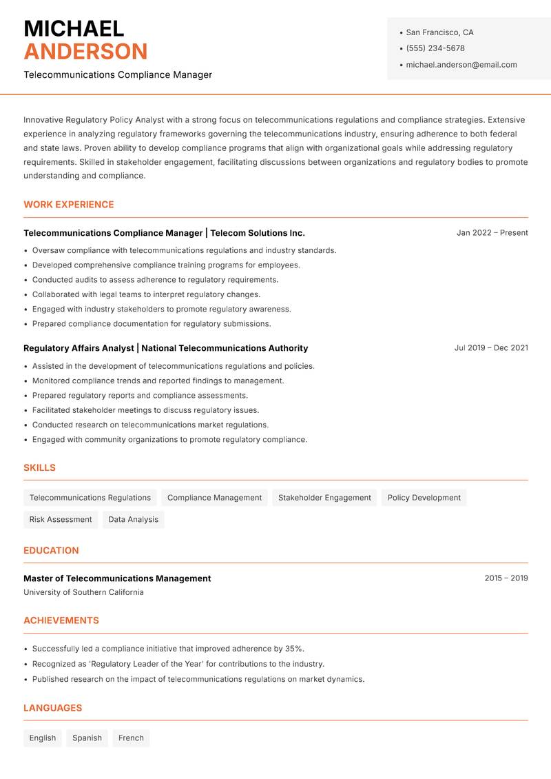 Regulatory Policy Analyst resume sample — Telecommunications Compliance Manager focus