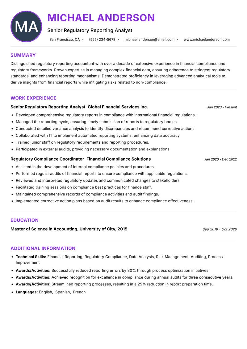 Regulatory Reporting Accountant resume example