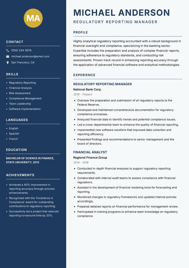 Regulatory Reporting Accountant resume sample — Regulatory Reporting Manager focus