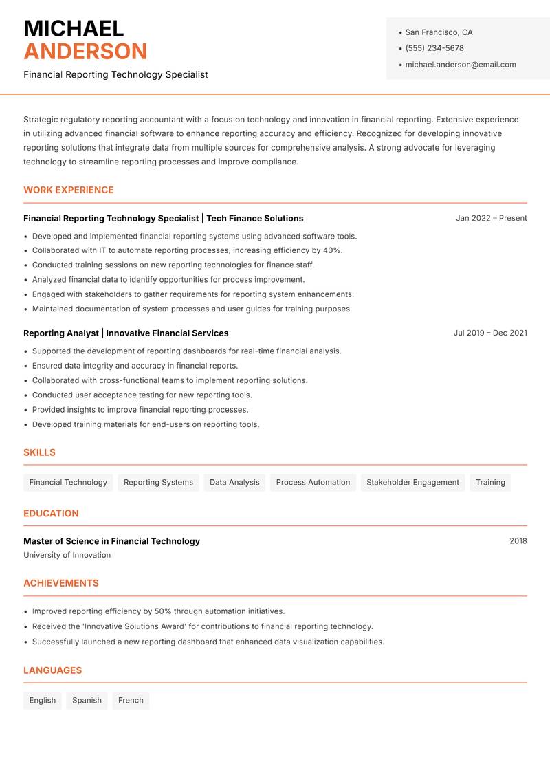 Regulatory Reporting Accountant resume sample — Financial Reporting Technology Specialist focus