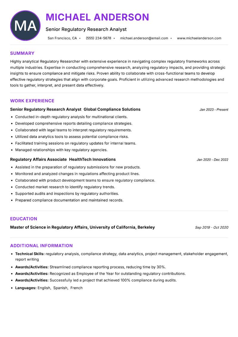 Regulatory Researcher resume example
