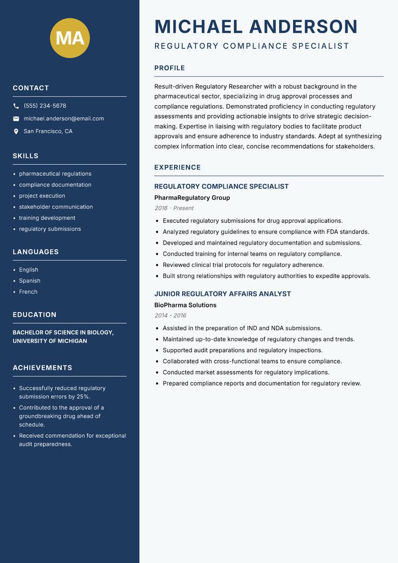 Regulatory Researcher resume sample — Regulatory Compliance Specialist focus