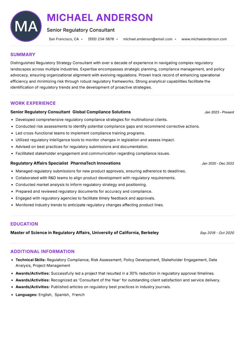 Regulatory Strategy Consultant resume example