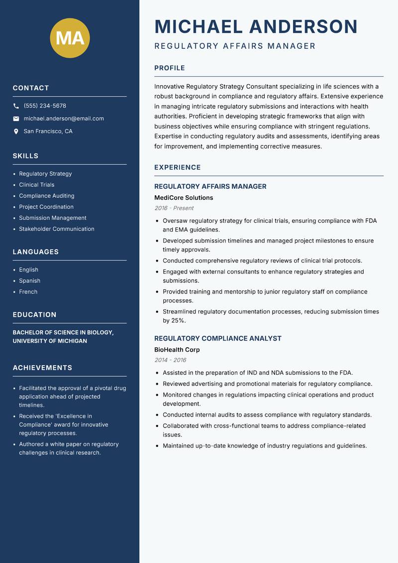 Regulatory Strategy Consultant resume sample — Regulatory Affairs Manager focus