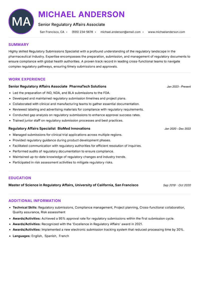 Regulatory Submissions Specialist resume example