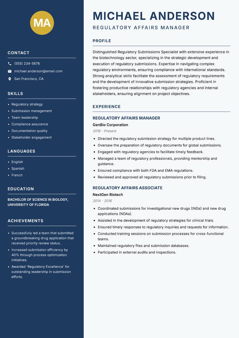 Regulatory Submissions Specialist resume sample — Regulatory Affairs Manager focus