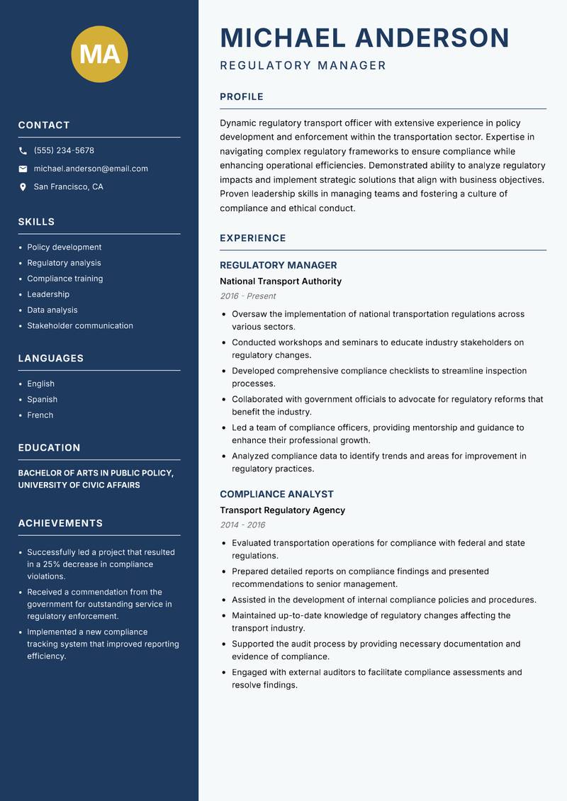 Regulatory Transport Officer resume sample — Regulatory Manager focus