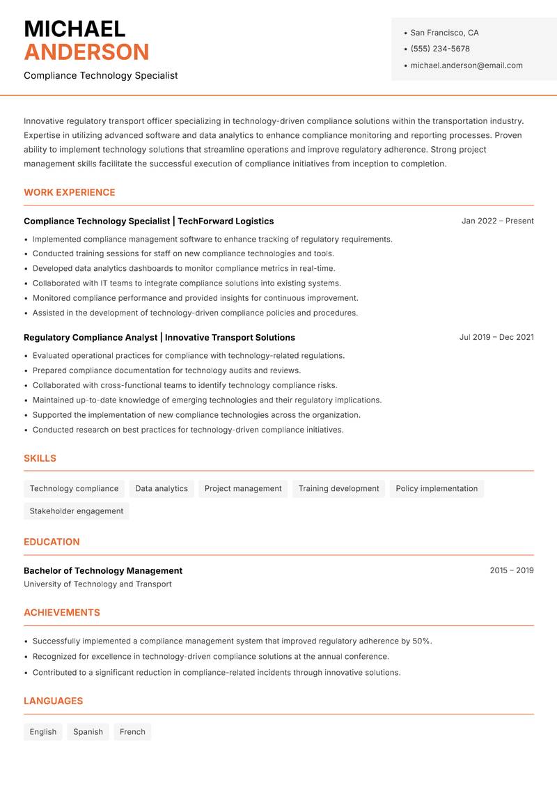 Regulatory Transport Officer resume sample — Compliance Technology Specialist focus