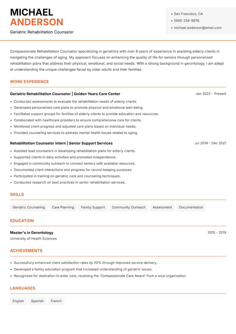 Rehabilitation Counselor resume sample — Geriatric Rehabilitation Counselor focus