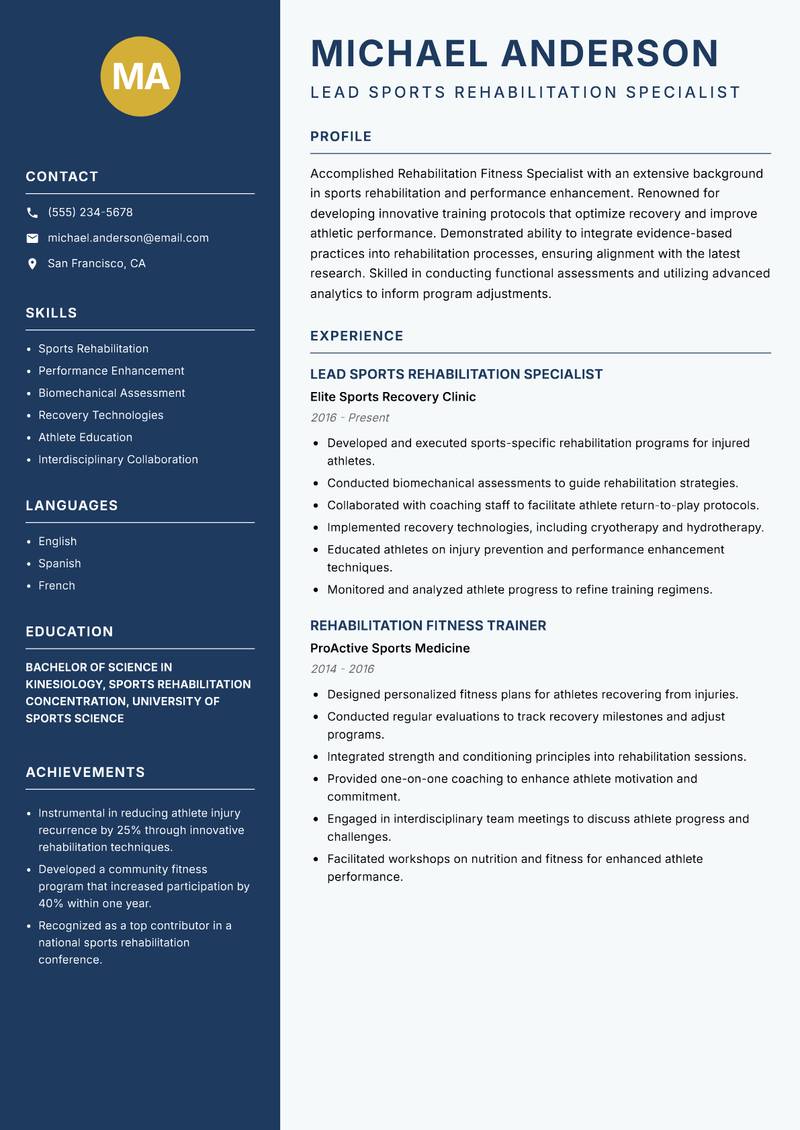 Rehabilitation Fitness Specialist resume sample — Lead Sports Rehabilitation Specialist focus