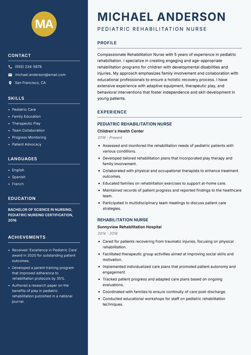 Rehabilitation Nurse resume sample — Pediatric Rehabilitation Nurse focus
