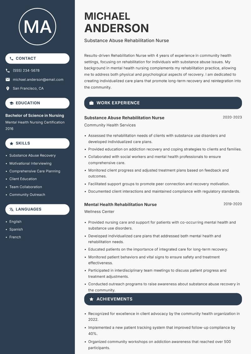 Rehabilitation Nurse resume sample — Substance Abuse Rehabilitation Nurse focus