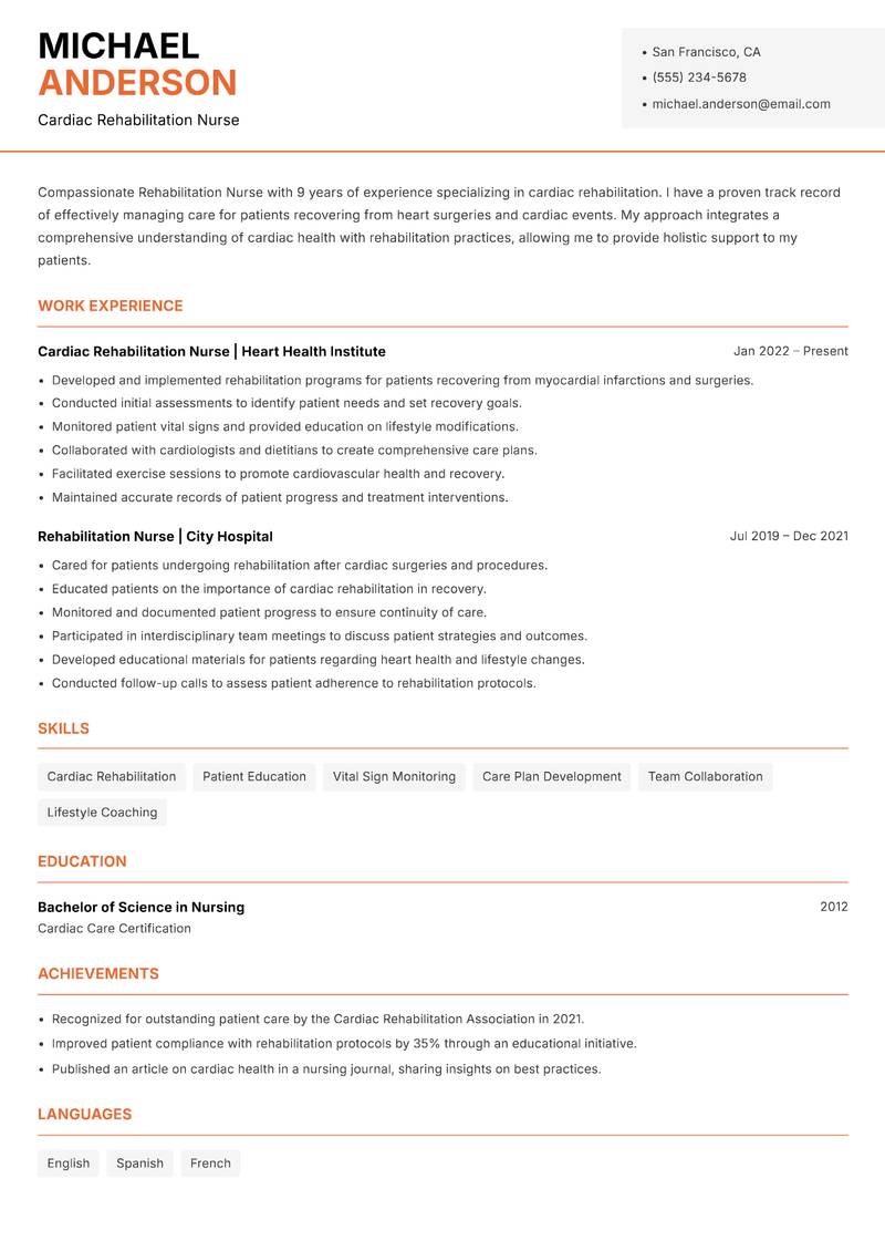 Rehabilitation Nurse resume sample — Cardiac Rehabilitation Nurse focus