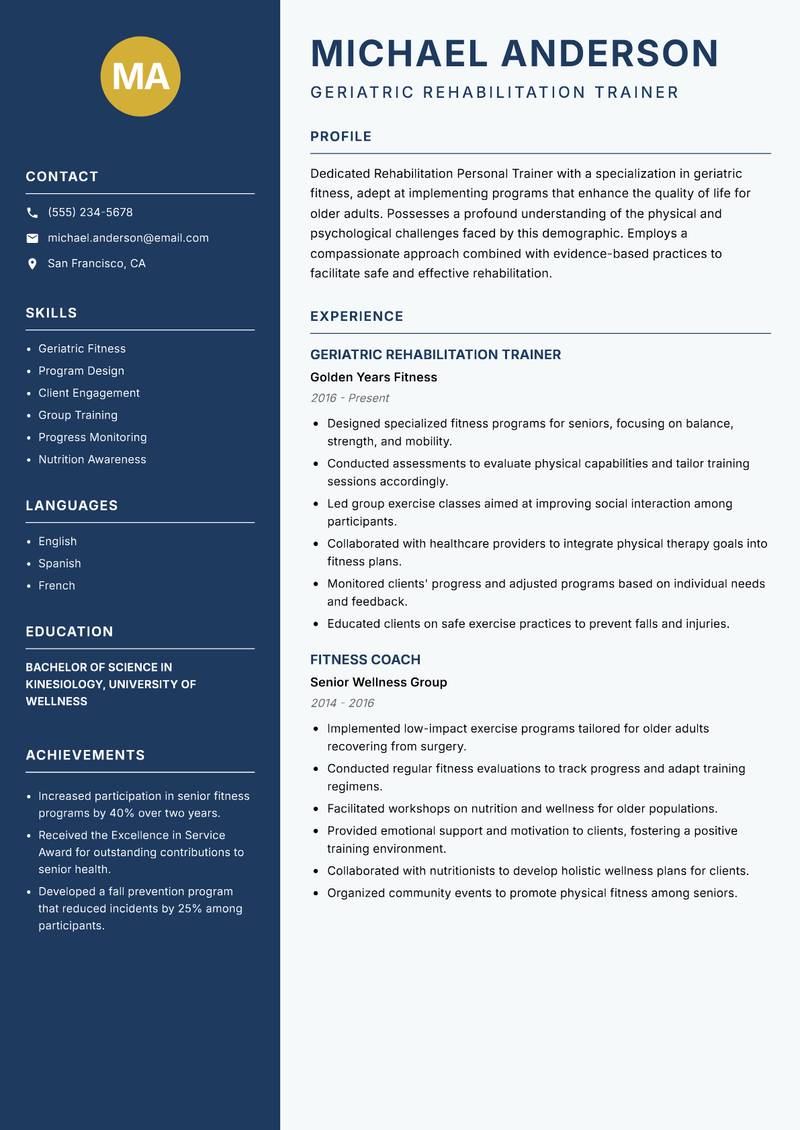 Rehabilitation Personal Trainer resume sample — Geriatric Rehabilitation Trainer focus