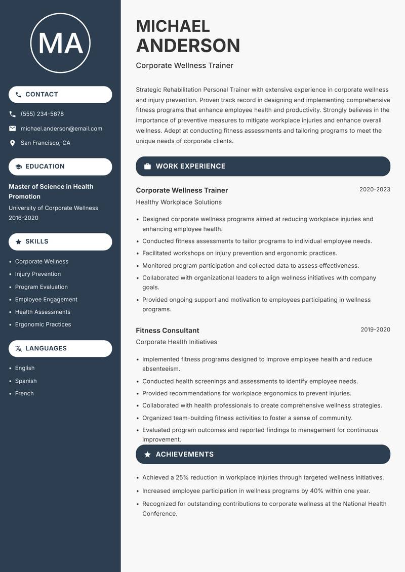 Rehabilitation Personal Trainer resume sample — Corporate Wellness Trainer focus